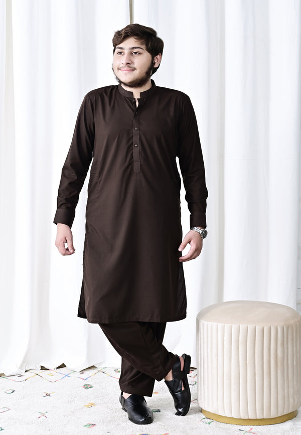 Dark Brown Ready-to-Wear Shalwar Kameez for Men | Bold & Timeless Elegance