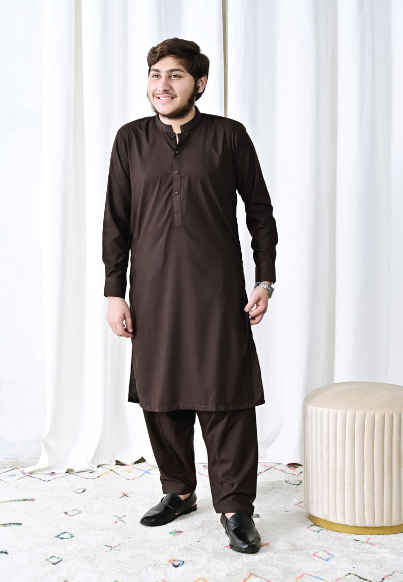 Dark Brown Ready-to-Wear Shalwar Kameez for Men | Bold & Timeless Elegance
