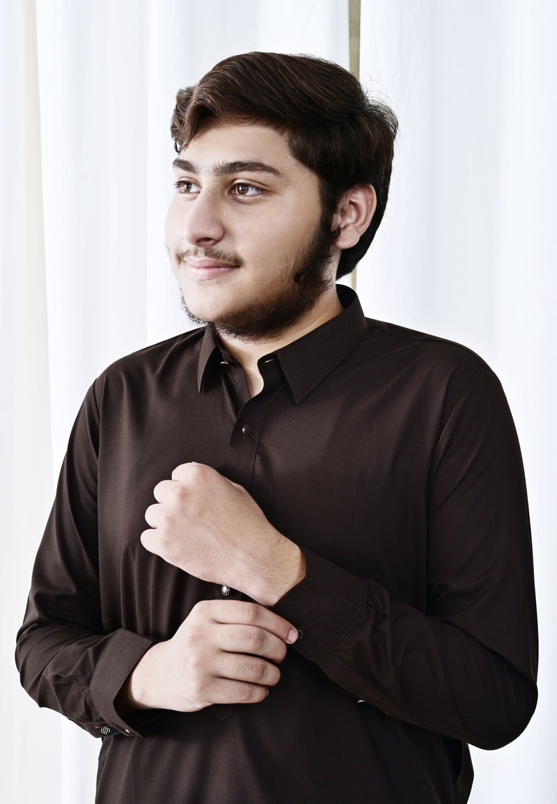 Dark Brown Ready-to-Wear Shalwar Kameez for Men | Bold & Timeless Elegance