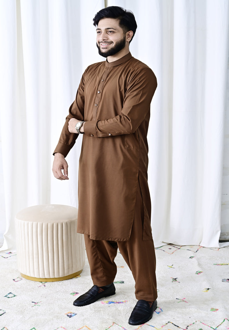 Rich Coffee Brown Ready-to-Wear Shalwar Kameez for Men | Timeless & Classy Look