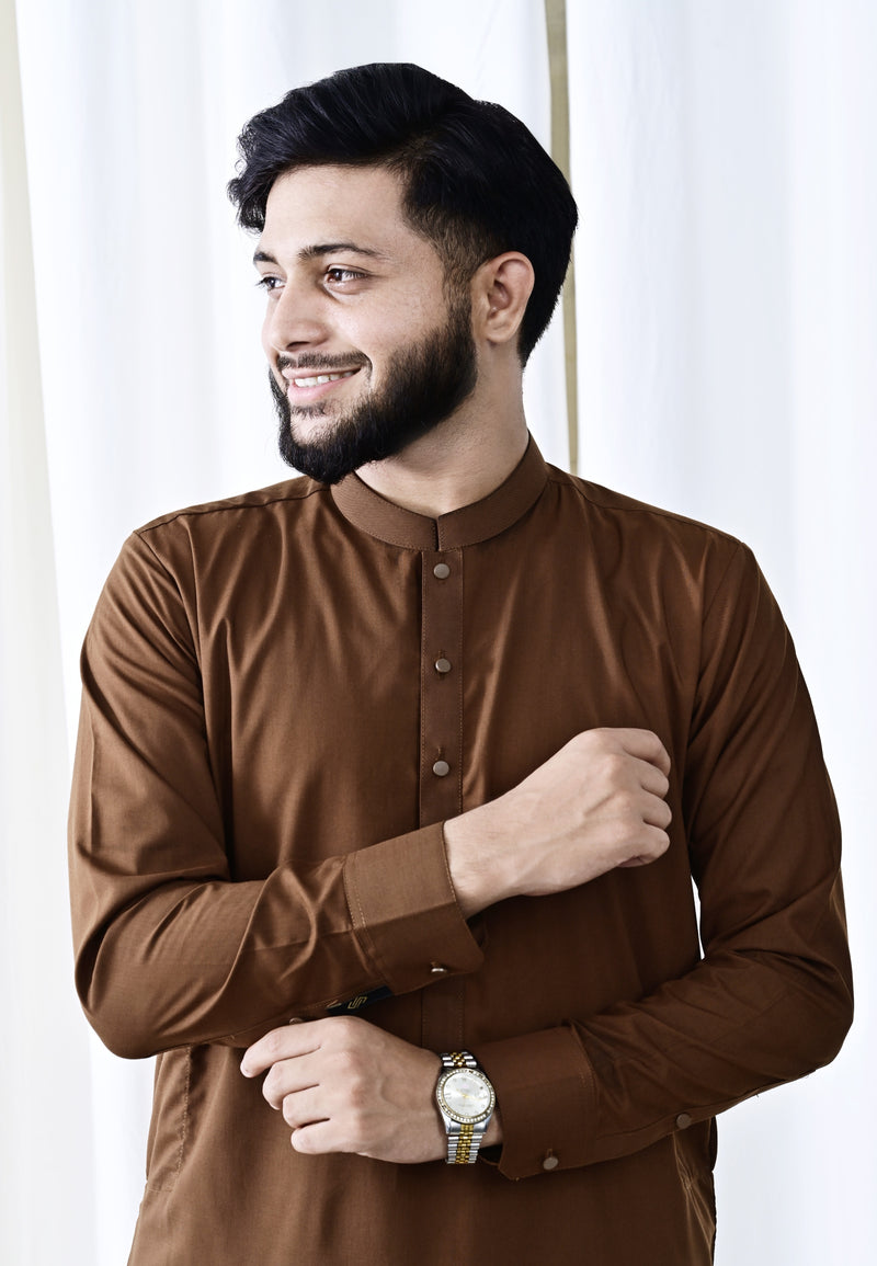 Rich Coffee Brown Ready-to-Wear Shalwar Kameez for Men | Timeless & Classy Look