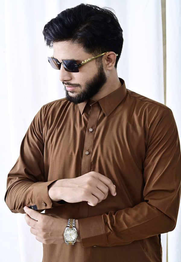 Rich Coffee Brown Ready-to-Wear Shalwar Kameez for Men | Timeless & Classy Look