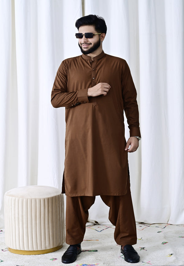 Rich Coffee Brown Ready-to-Wear Shalwar Kameez for Men | Timeless & Classy Look